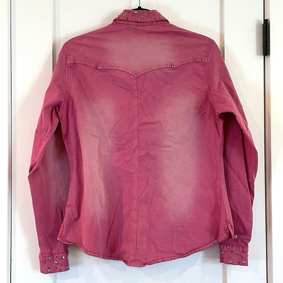DG2 Diane Gilman Distressed Pink Rhinestone Denim Shirt Light Jacket M Cowgirl - Picture 2 of 10